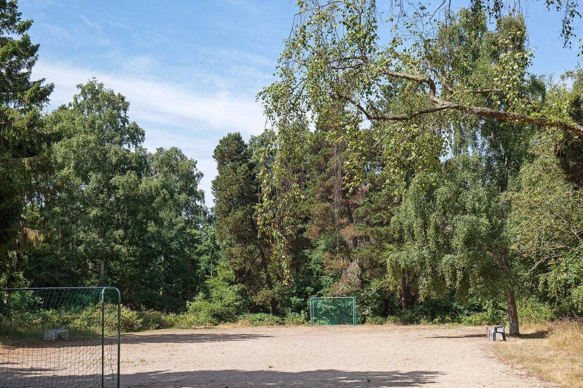 A fenced sports field with a soccer goal, surrounded by dense trees and a clear sky.