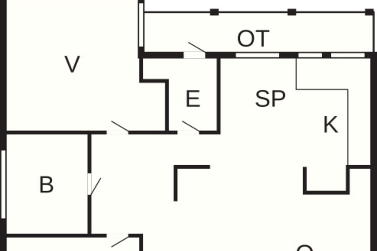 A floor plan with labeled rooms V, B, E, SP, K, and OT.