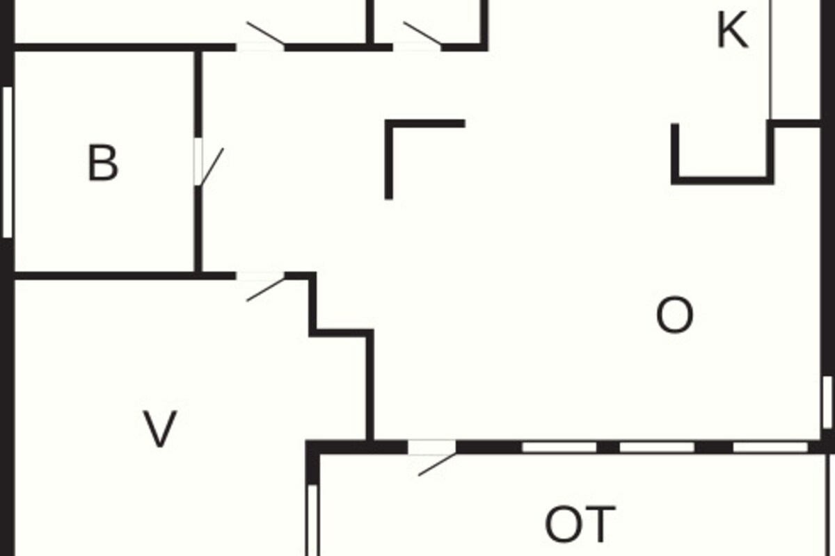 Ein Grundriss mit beschrifteten Räumen V, B, E, SP, K und OT.