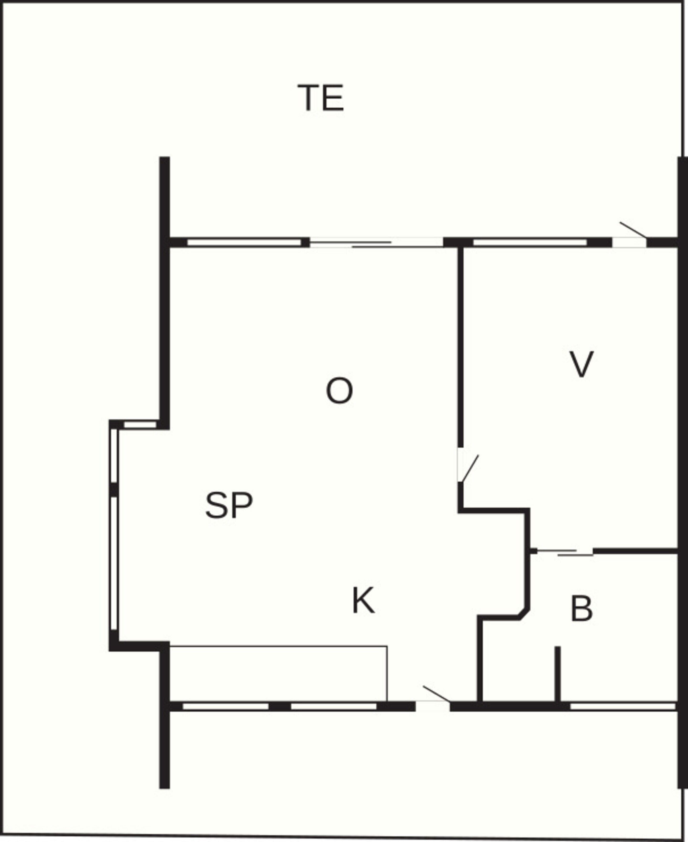 A floor plan with labeled rooms: TE, SP, O, V, K, and B.