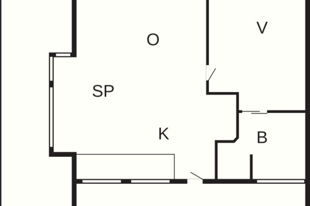 A floor plan with labeled rooms: TE, SP, O, V, K, and B.