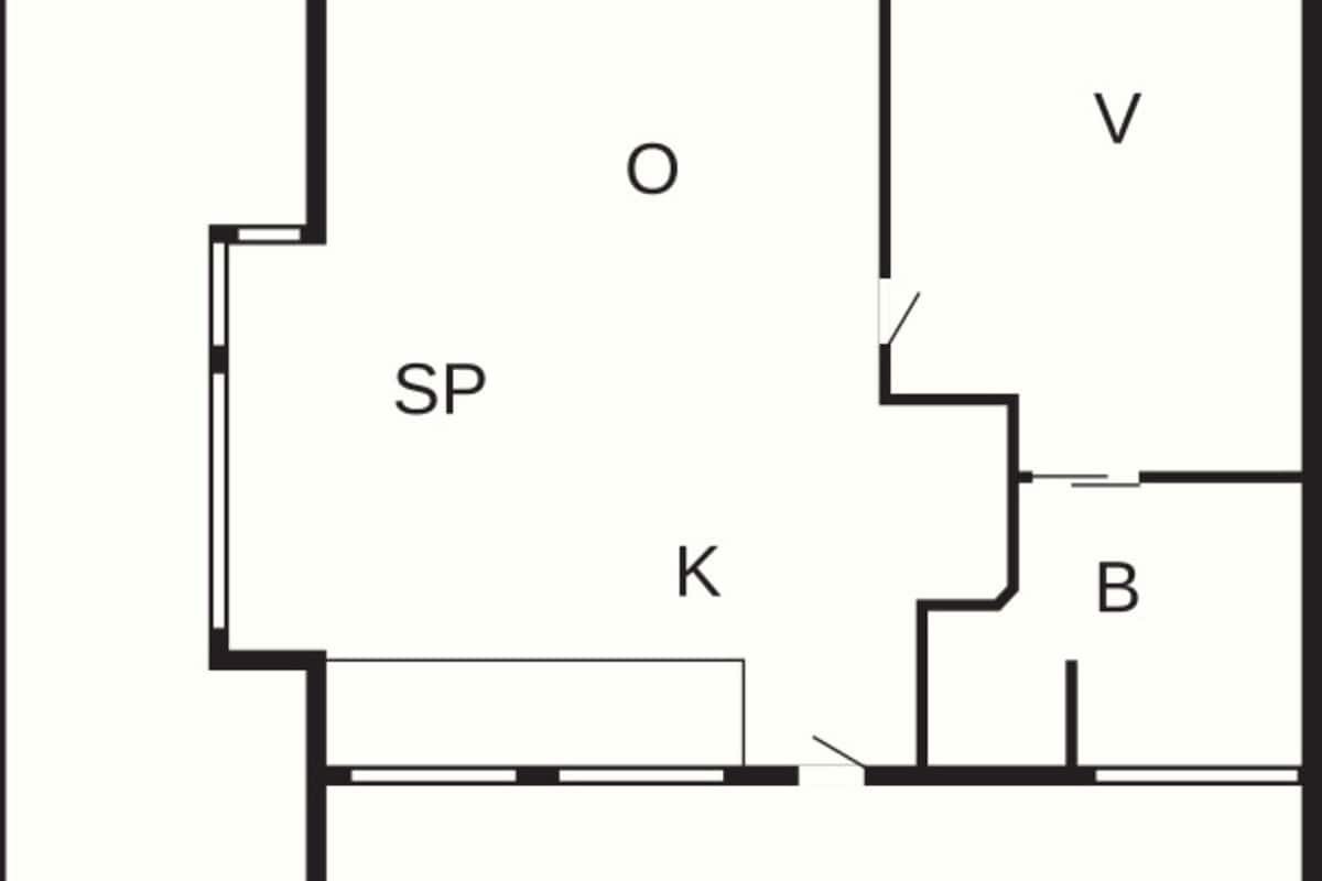 A floor plan with labeled rooms: TE, SP, O, V, K, and B.