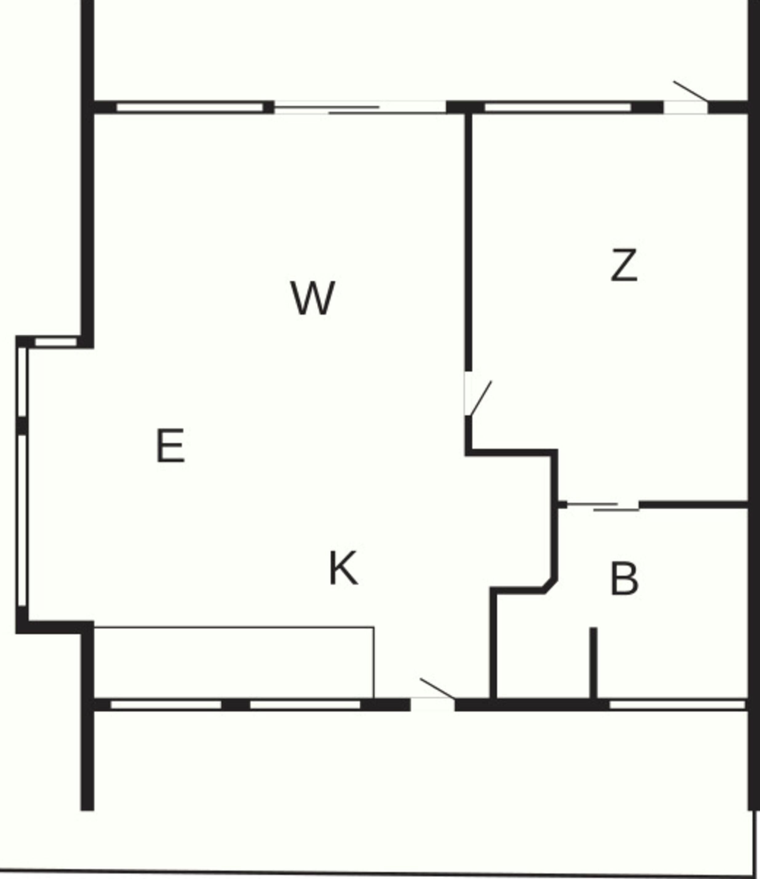 Ein Grundriss mit beschrifteten Räumen W, Z, E, K und B.