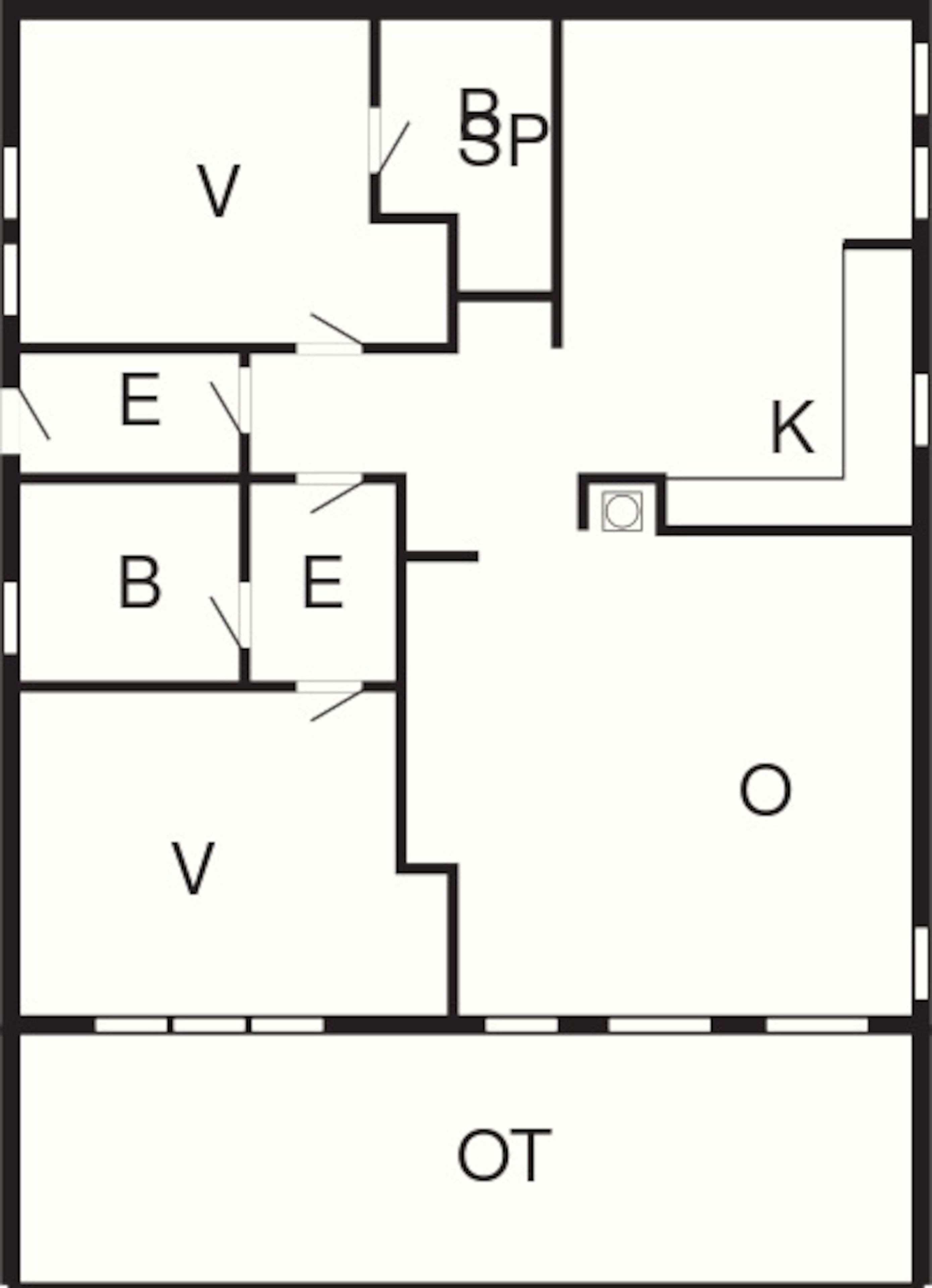 Plànol d'una planta amb habitacions identificades com a V, E, B, BP, K i OT.