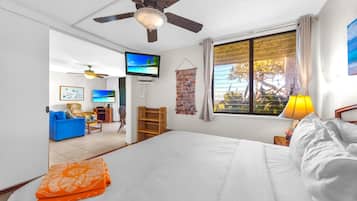 A hotel room with a bed, a television, a ceiling fan, a window with curtains, and a view of the outdoors.