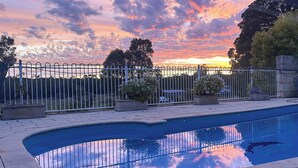 Une piscine à bord incurvé, entourée d’une clôture métallique et de plantes en pot.