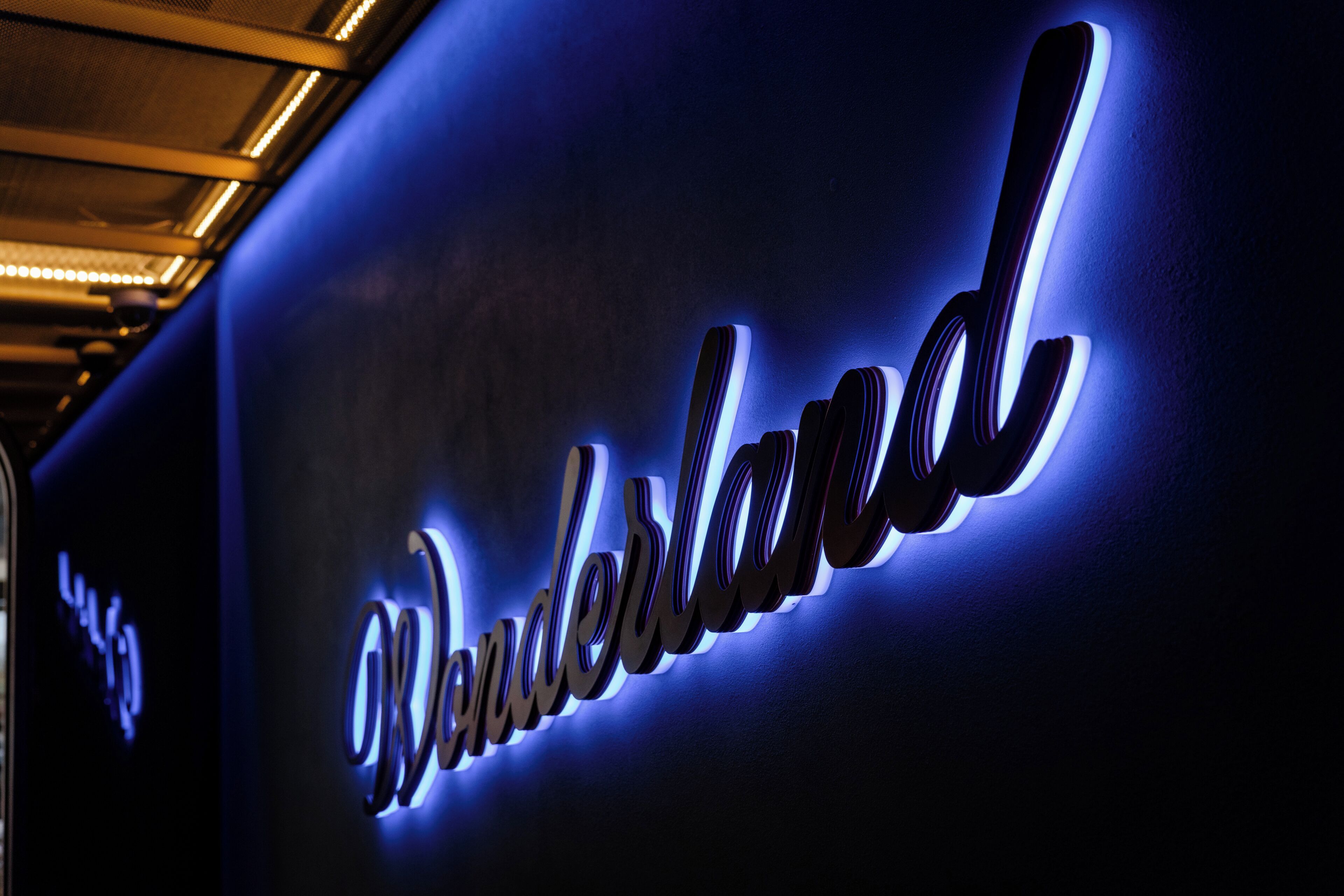 Ein Neon-Schild mit dem Schriftzug 'Wonderland' in einer stilsicheren Schrift.