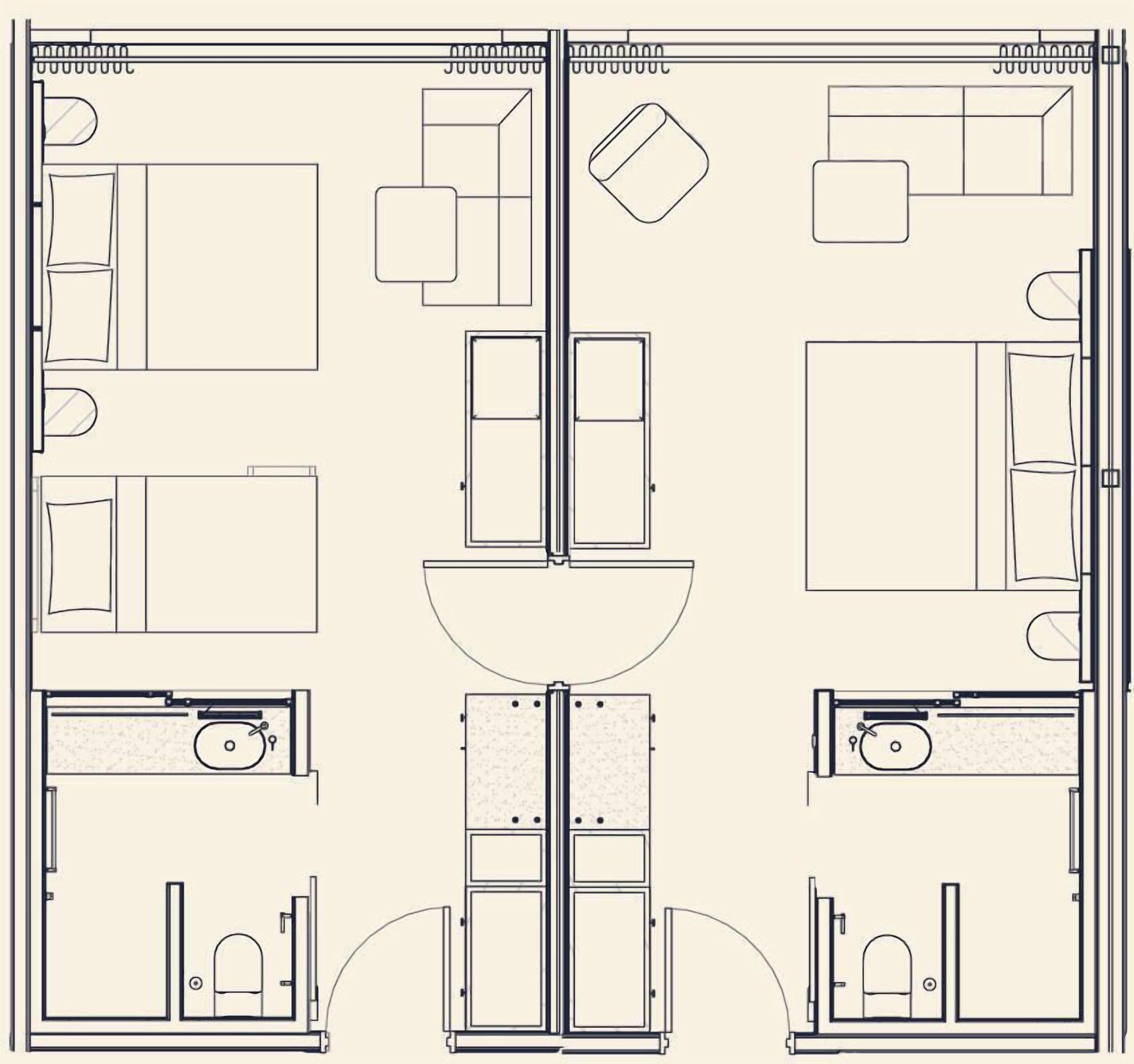 A floor plan of a hotel with a central hallway, two bedrooms on each side, a bathroom, and a small sitting area.