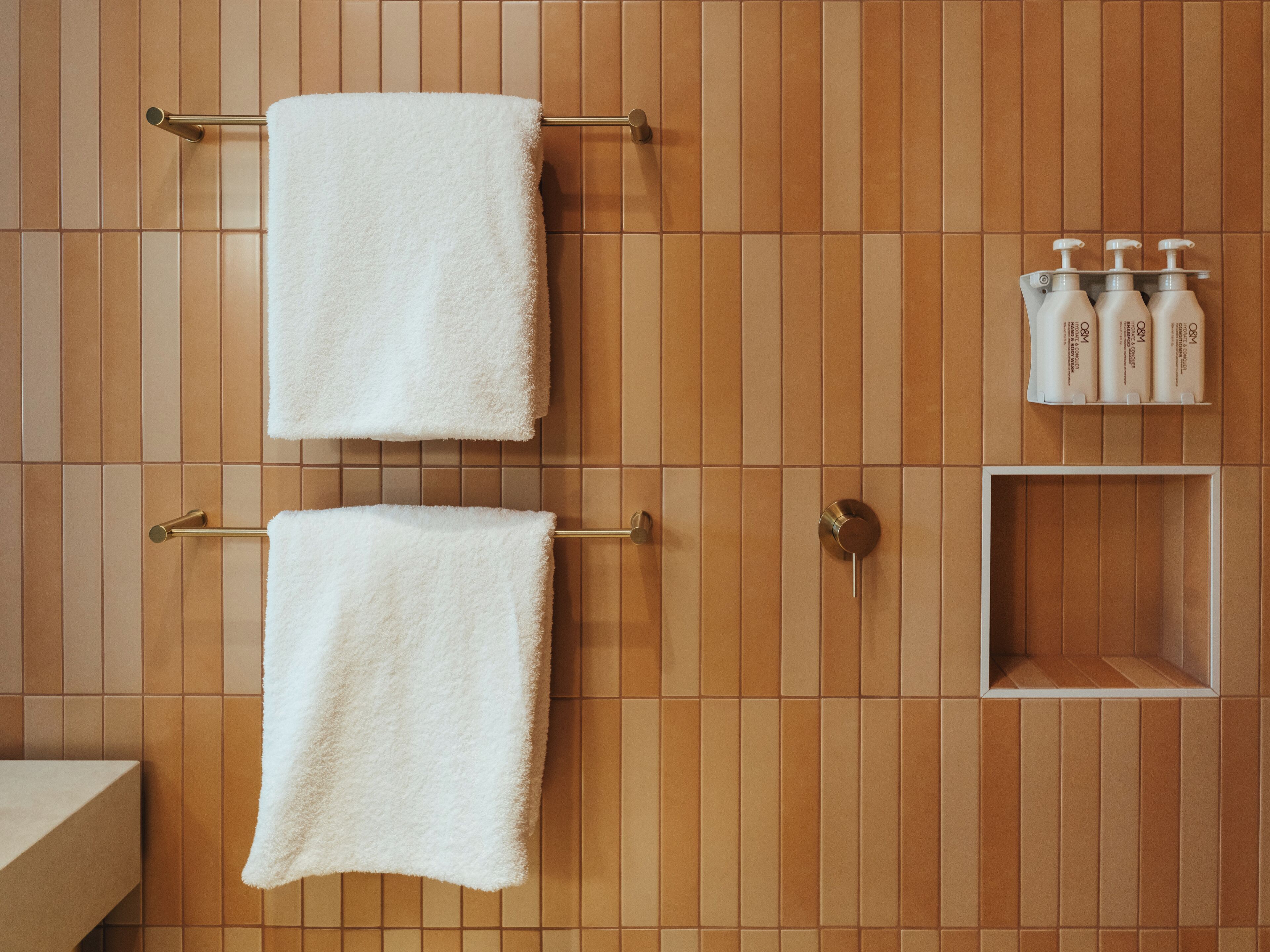 A bathroom with two towels hanging on towel racks, a soap dispenser shelf, and a small storage box.