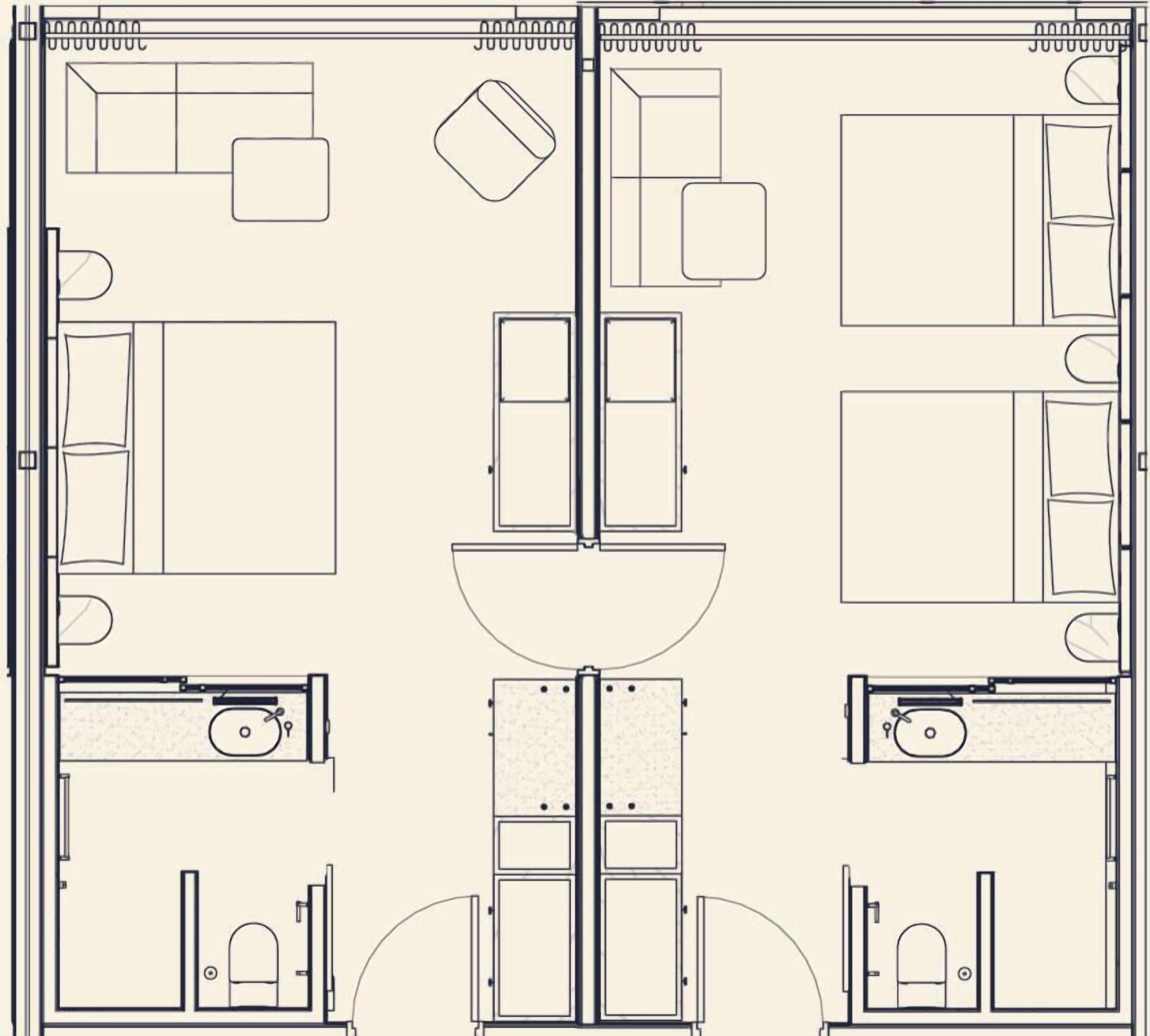 A floor plan of a hotel with two bedrooms, a bathroom, a kitchenette, and a living area.