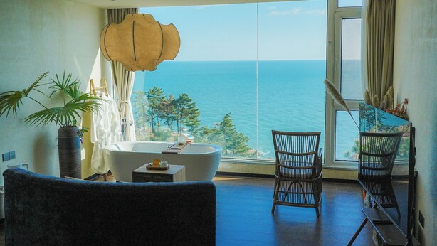 Ein modernes Badezimmer mit einer Badewanne, einer großen Topfpflanze und Meerblick.