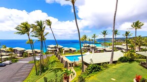 Ein Resort mit Schwimmbad, Palmen und Blick auf den Ozean.