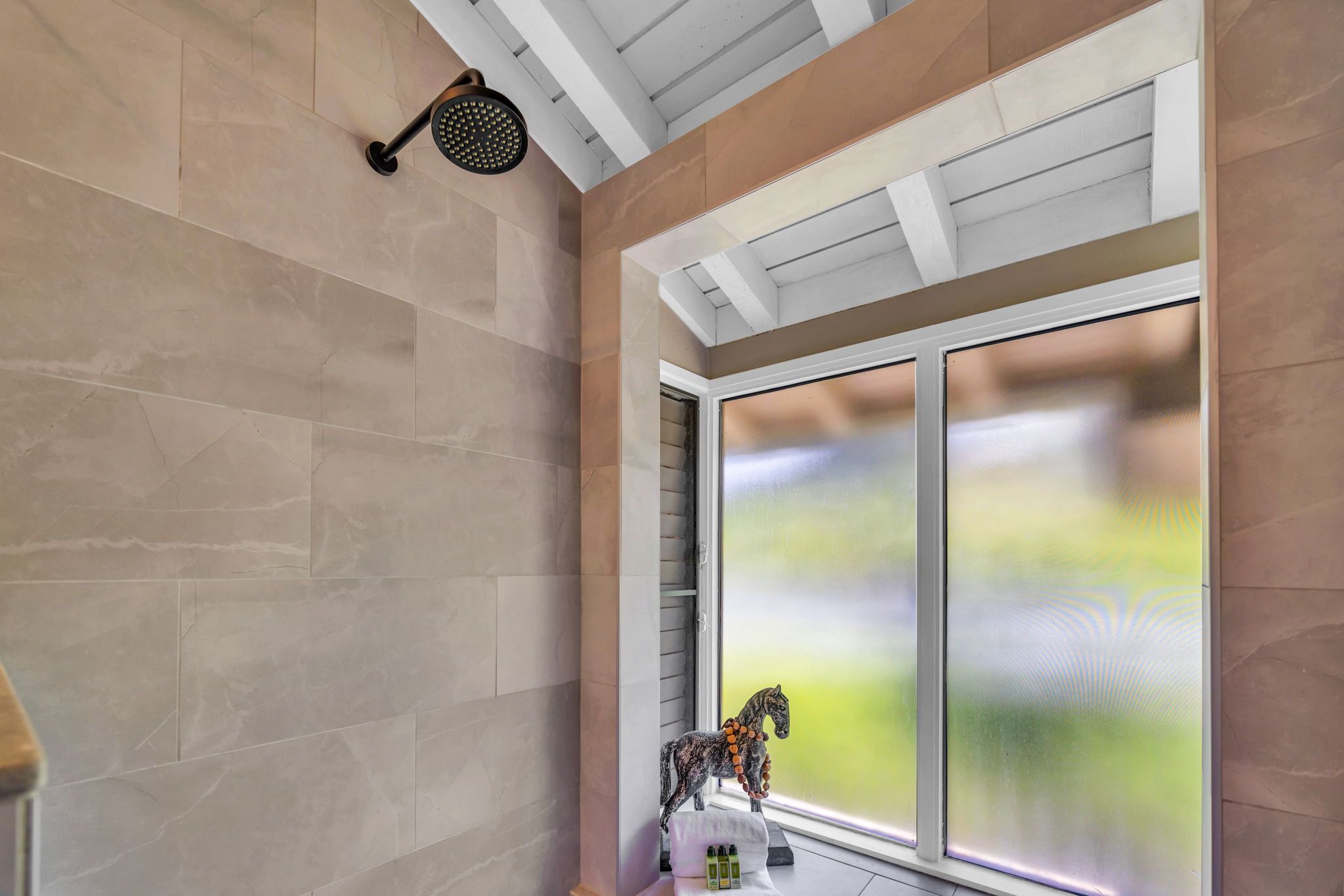 Un bagno con doccia, una finestra con vetro satinato e una statua decorativa a forma di cavallo.