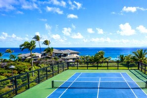 Un court de tennis offrant une vue sur l’océan et les palmiers.