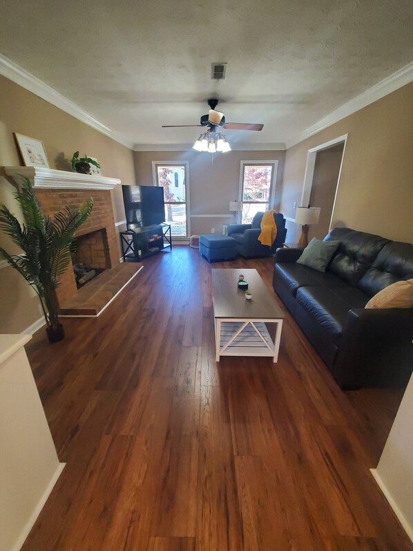 Smart TV, fireplace, books, printers