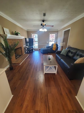 Smart TV, fireplace, books, printers