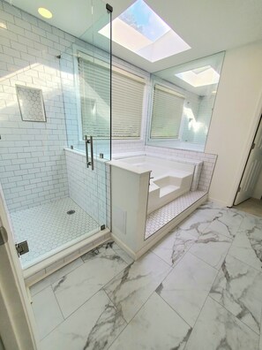 Hair dryer, towels, soap, shampoo