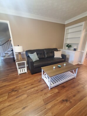 Smart TV, fireplace, books, printers