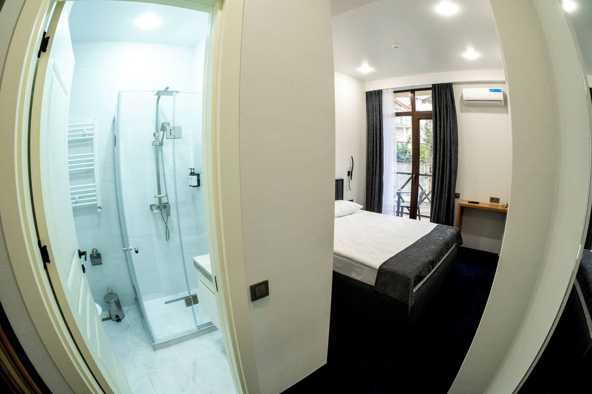 Una camera d'albergo con doccia, bagno e letto.