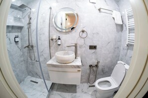 Shower, hair dryer, towels