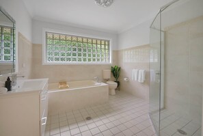 Chuveiro, secador de cabelo, toalhas de banho, shampoo