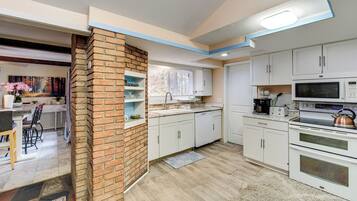 Microwave, stovetop, dishwasher, coffee/tea maker