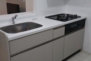 Fridge, microwave, stovetop, cookware/dishes/utensils