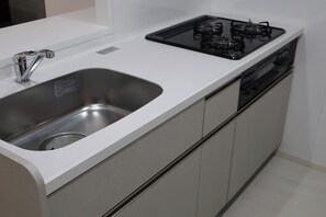 Kühlschrank, Mikrowelle, Herdplatte, Kochgeschirr/Geschirr/Besteck
