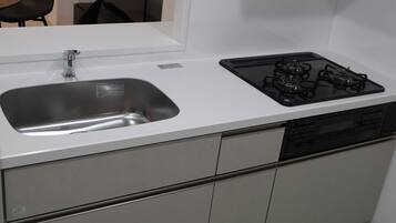 Fridge, microwave, stovetop, cookware/dishes/utensils