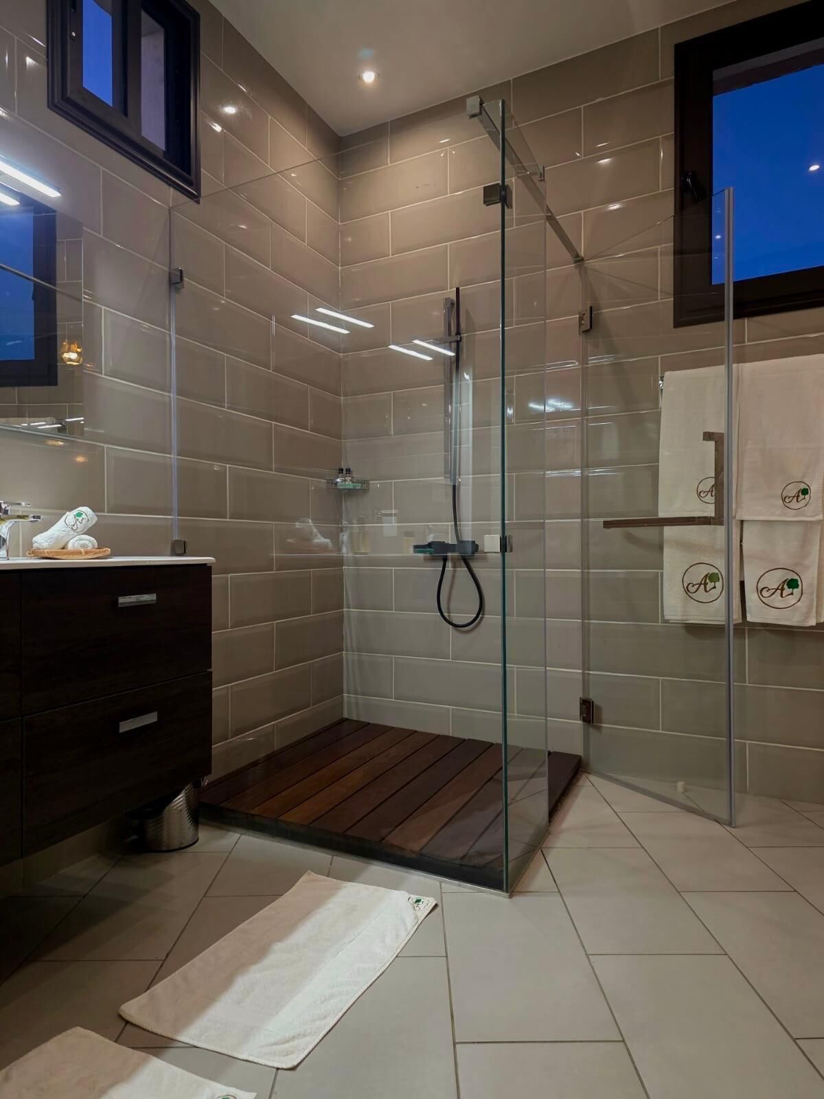 Shower, rainfall showerhead, designer toiletries, hair dryer