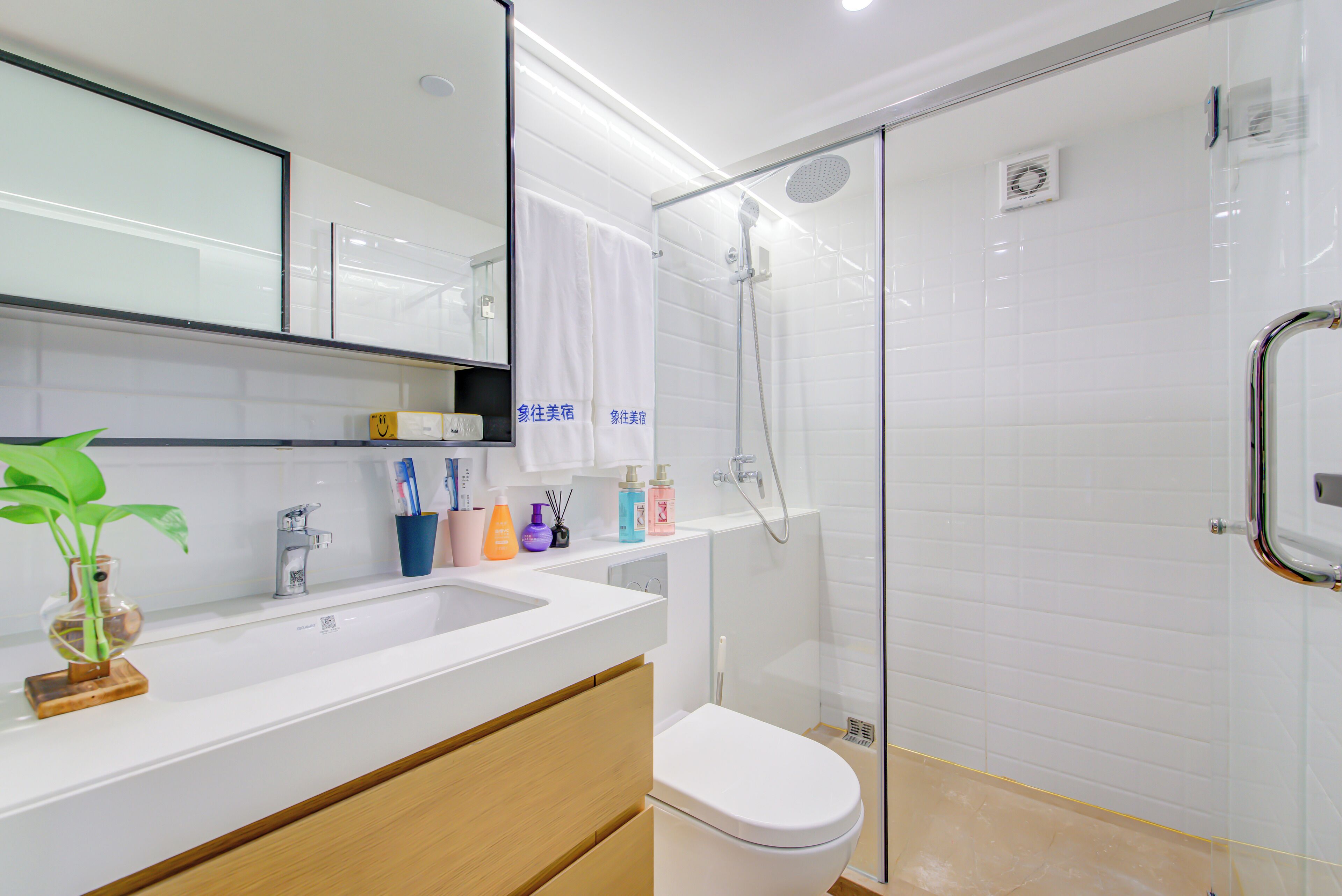A modern bathroom with a glass-enclosed shower, a white sink, and a toilet.