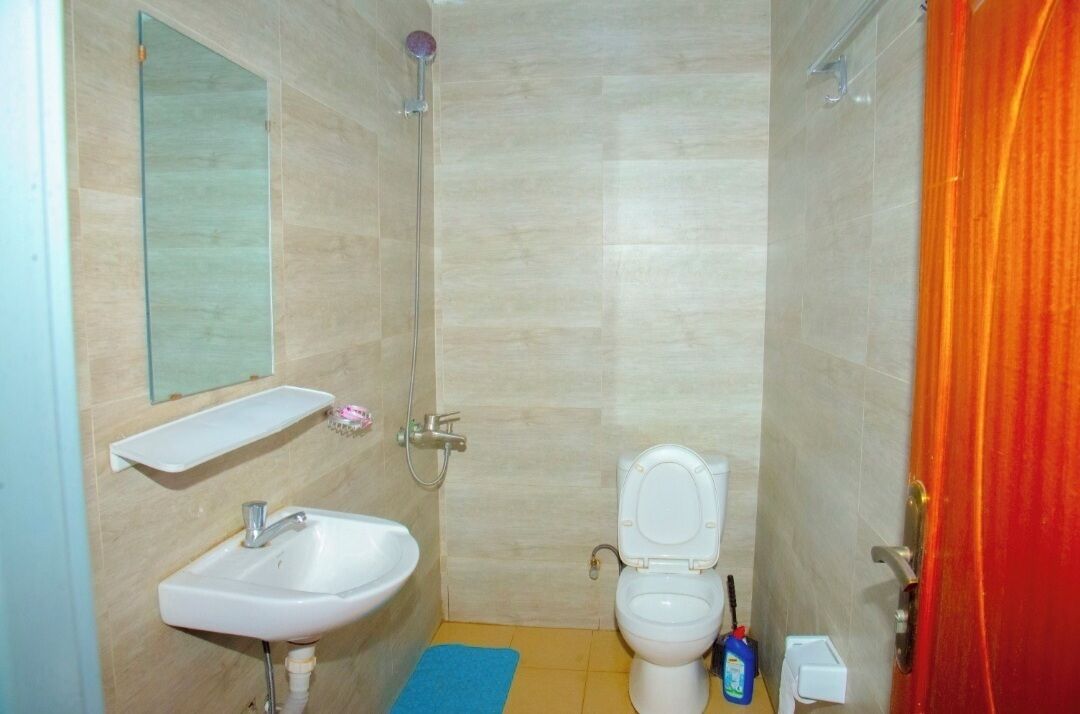Een kleine badkamer met een wastafel, toilet en douche.