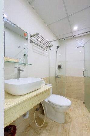 Panoramic Double Room, City View | Bathroom | Shower, hydromassage showerhead, designer toiletries, hair dryer