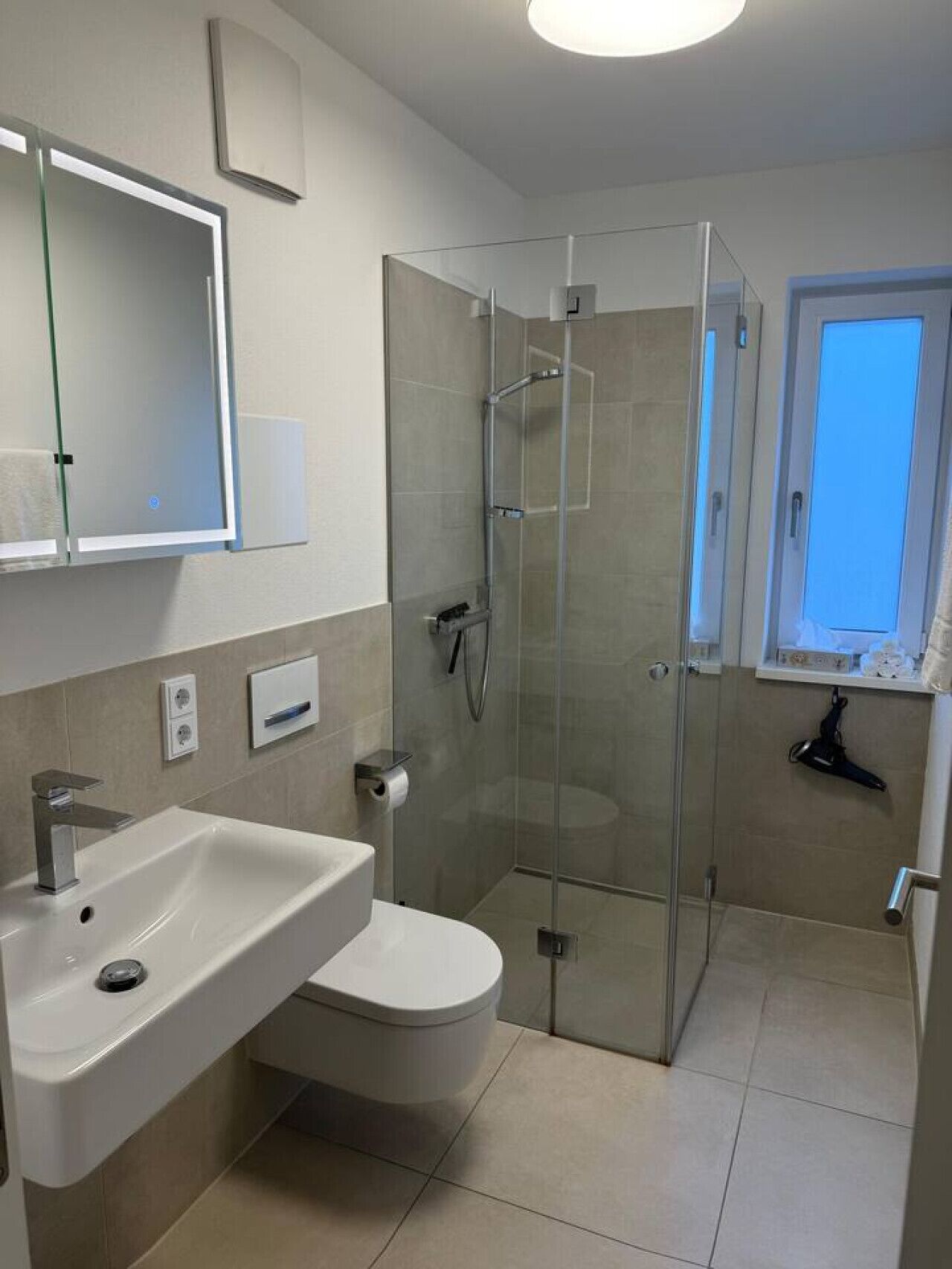 Een moderne badkamer met een douchecabine van glas, een witte wastafel en een toilet.
