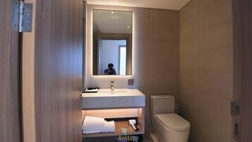 Een douche, een bubbelbad, een haardroger, een bidet