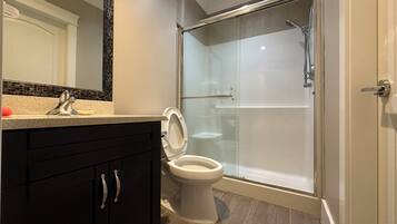 Secadora de cabello, toallas, jabón, papel de baño