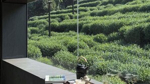A modern interior with a large window overlooking a lush green tea plantation. - Lushimon Retrecrt (Hangzhou)