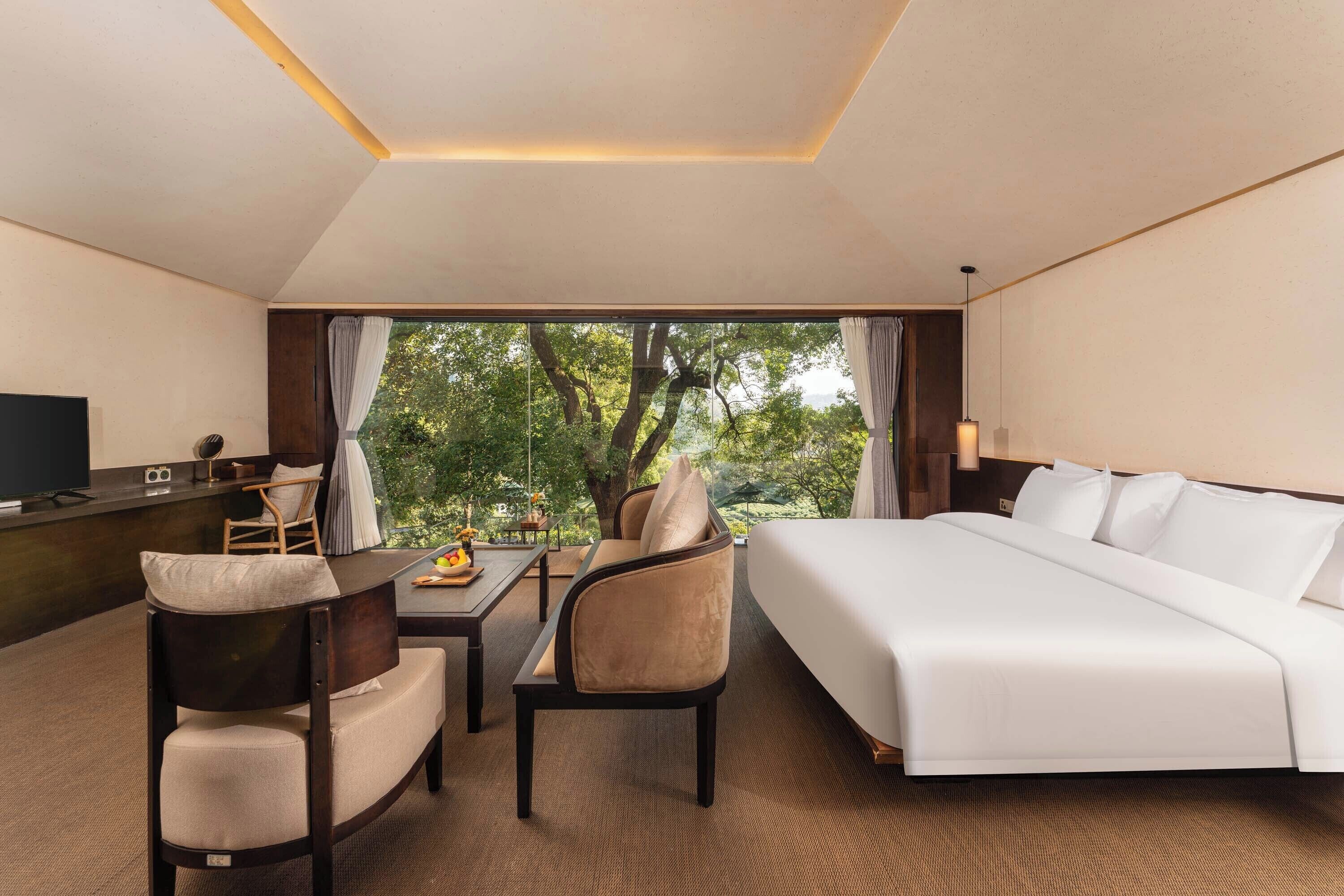 A hotel room with a large bed, two armchairs, a small table, a TV, and a view of trees through the window.