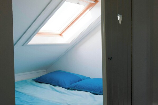 A bedroom with a skylight, a bed with blue bedding, and a door with a heart-shaped handle.