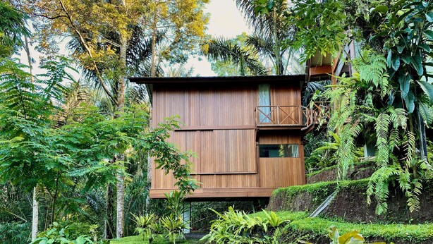 A wooden cabin surrounded by lush greenery and tropical plants. - Hilltop Retreat Beneath Mt. Batukaru (Selemadeg)