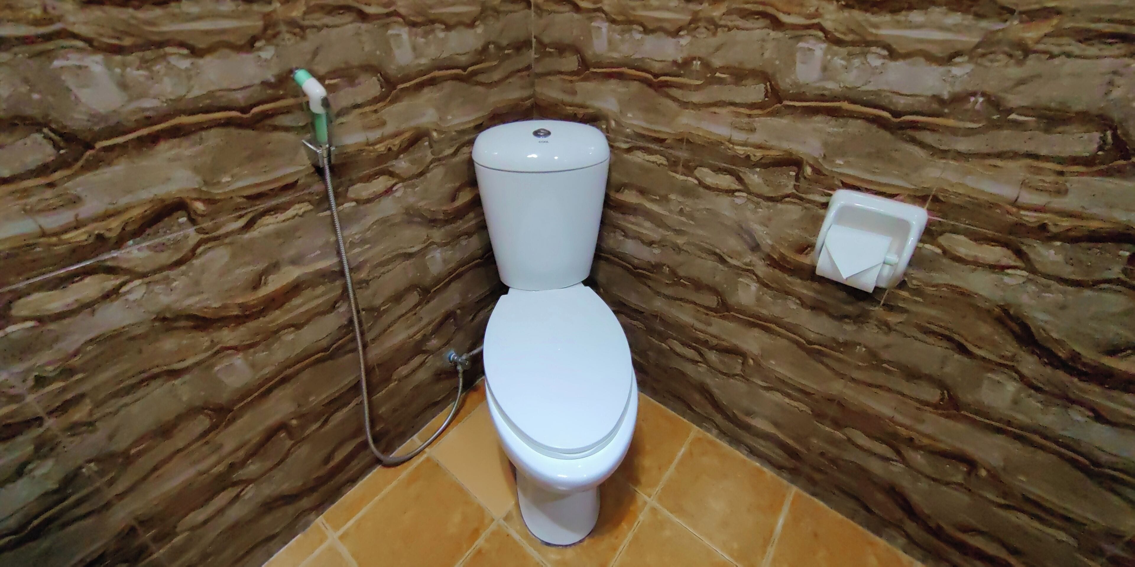 A bathroom with a marble-patterned wall, a white toilet, and a shower head.