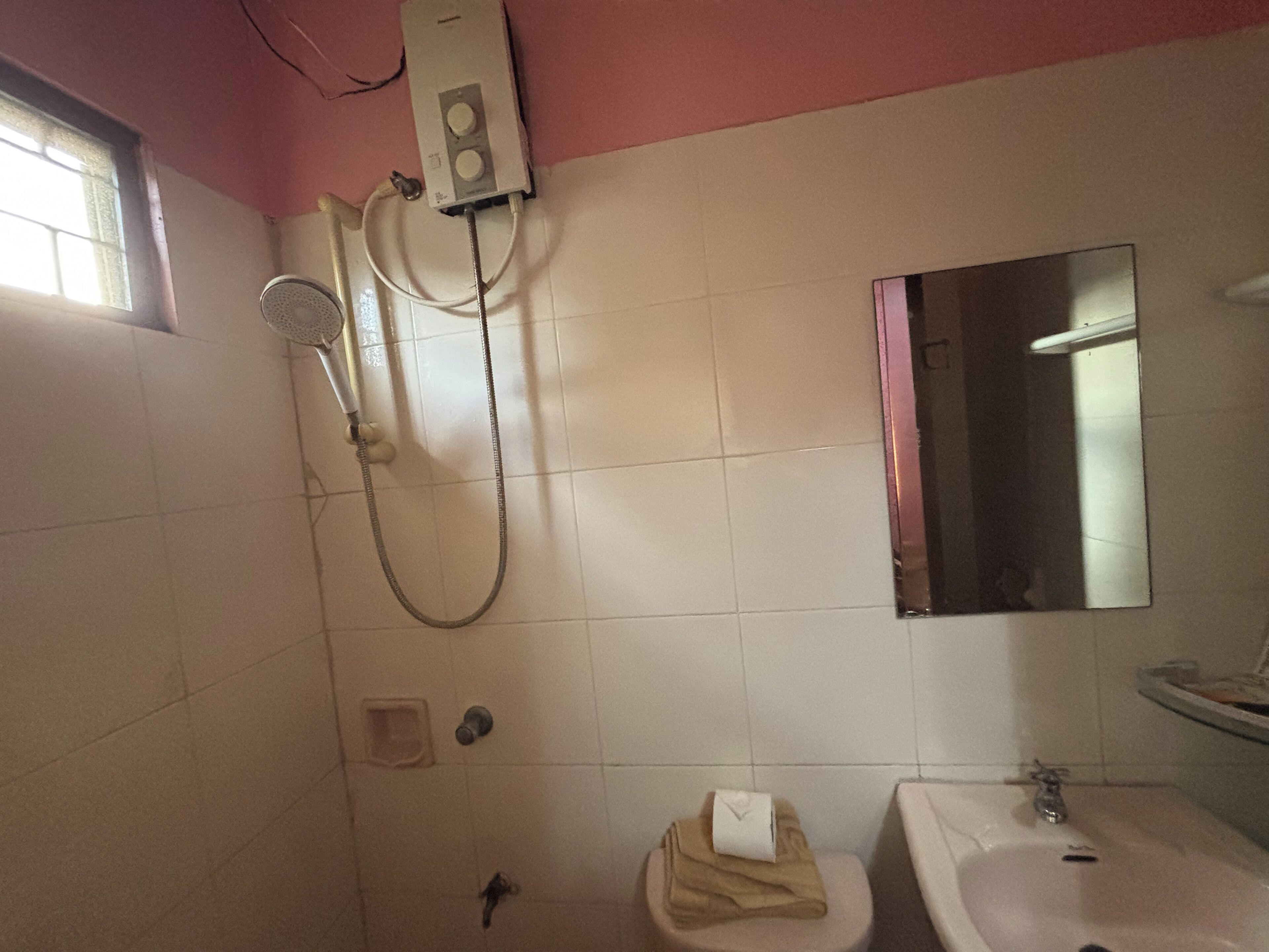 A bathroom with a shower, a sink, and a mirror.