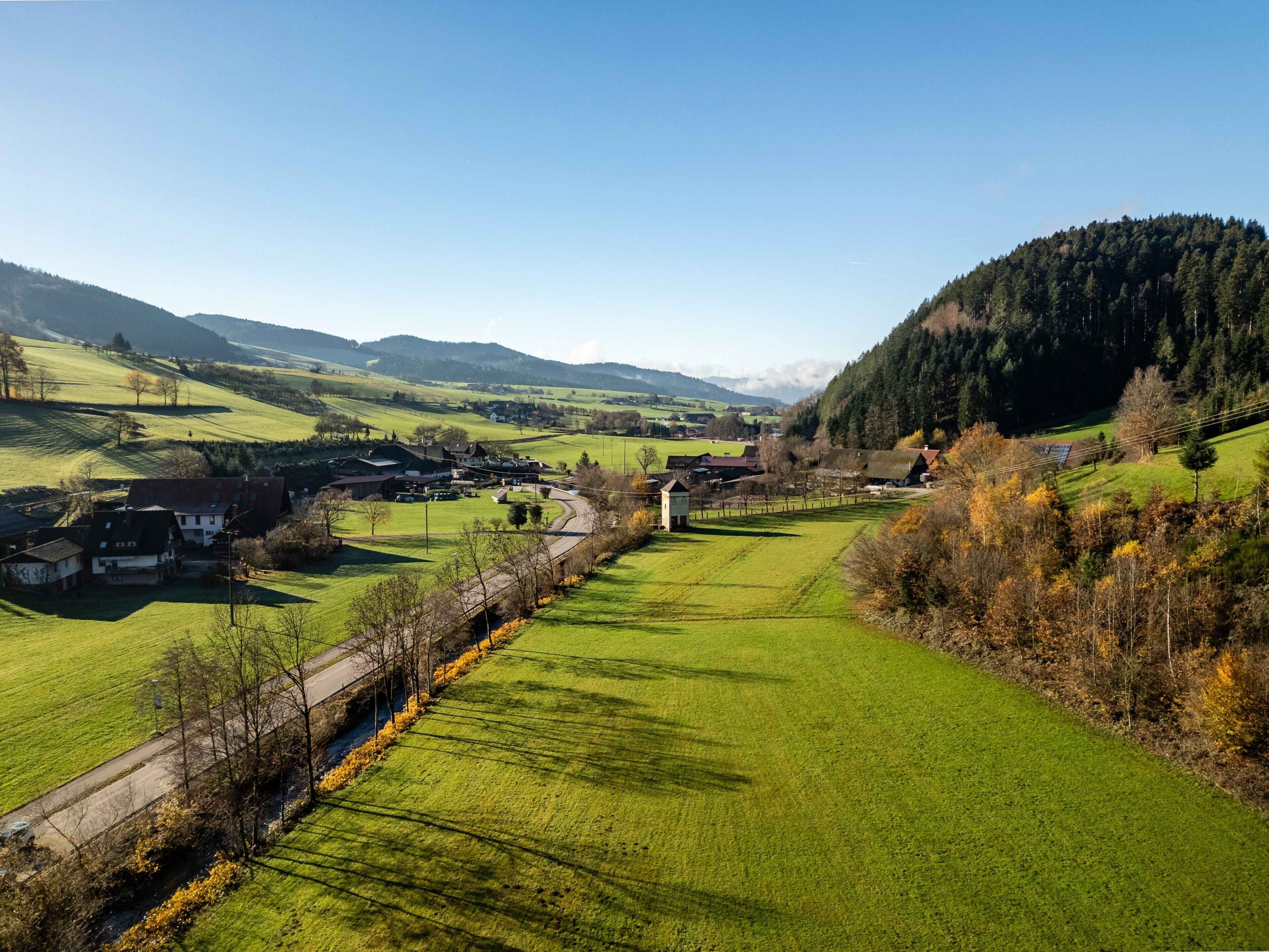 A rural landscape with a train track, houses, and a forested hill.