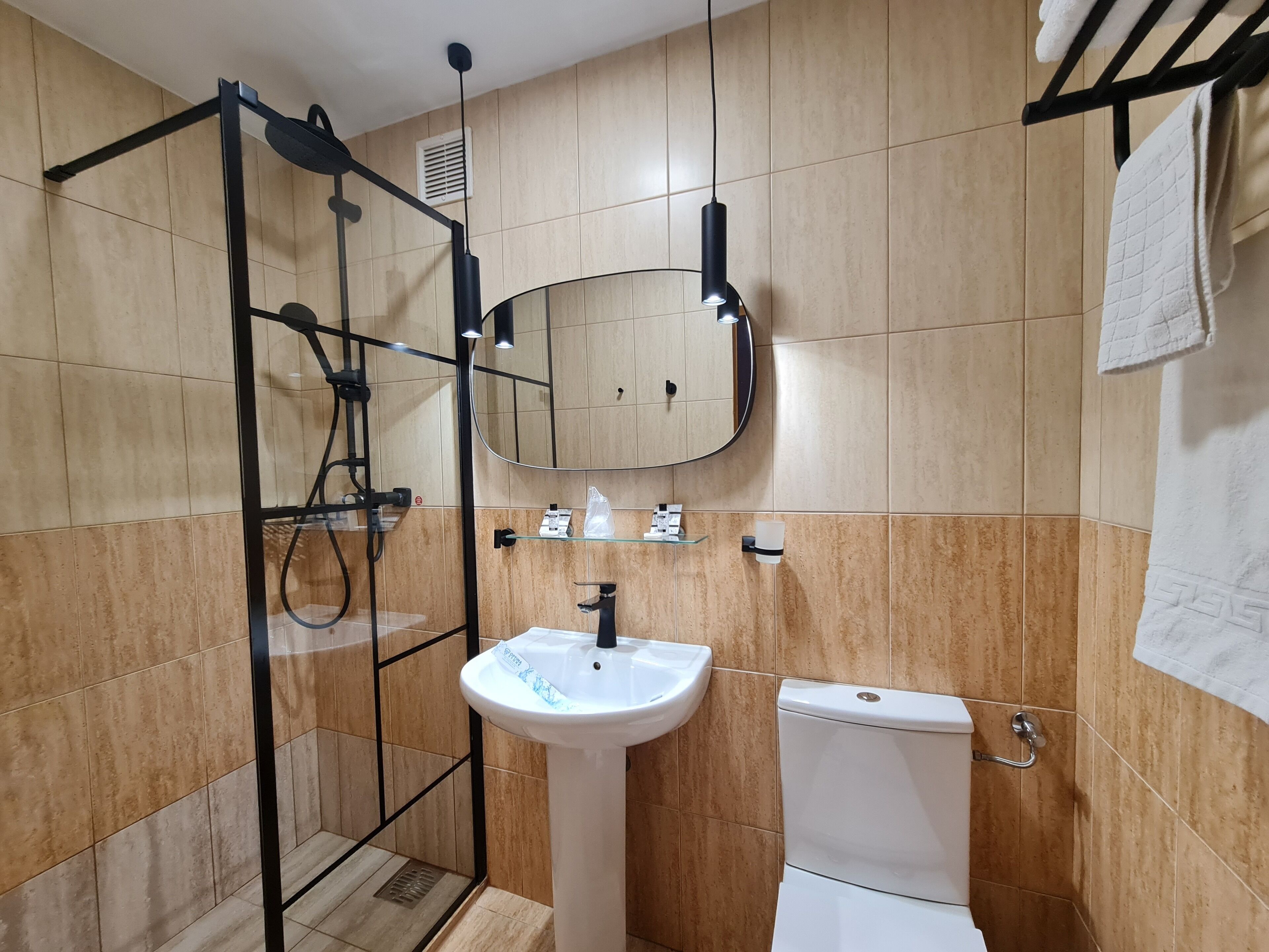 A bathroom with a glass shower enclosure, a pedestal sink, a toilet, and a towel rack.