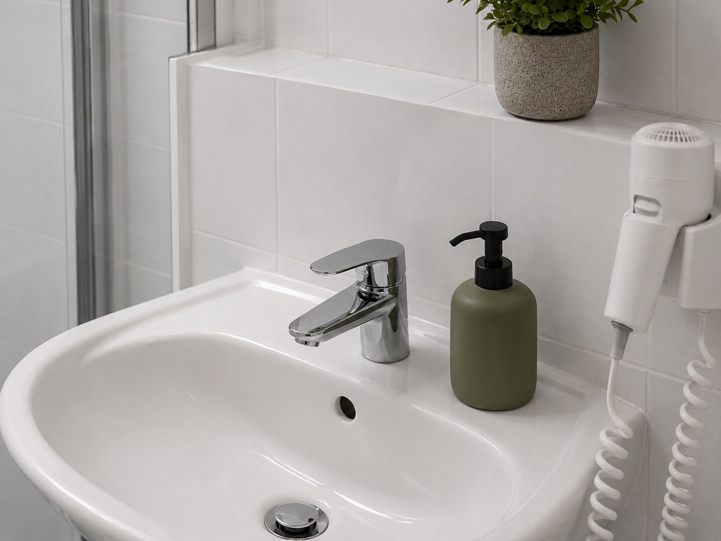 A bathroom sink with a chrome faucet, a green soap dispenser, and a white hairdryer on a wall-mounted shelf.