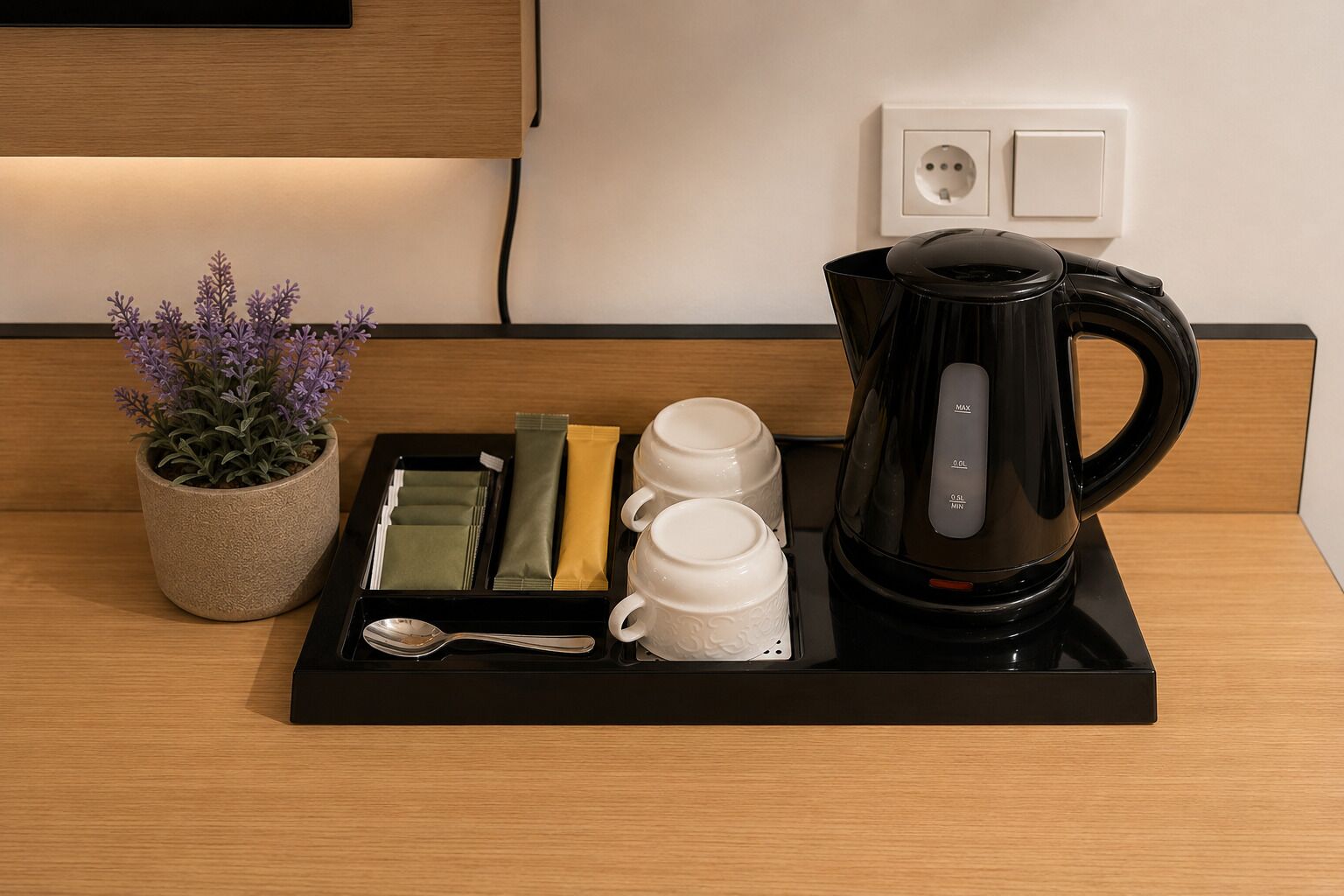 A tray with a black coffee maker, white cups, a spoon, napkins, and a potted plant on a wooden table.