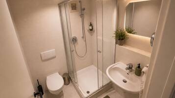 Shower, eco-friendly toiletries, hair dryer, towels
