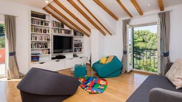 Smart-TV, Kamin, Bücher, Musikbibliothek