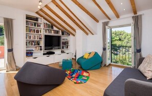 Smart-tv, een open haard, boeken en een muziekbibliotheek