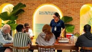 A group of people seated at a wooden table in a restaurant with a brick wall and large green plants. - Sea Vista Boutique Hotel & Apartment By Haviland (Da Nang)